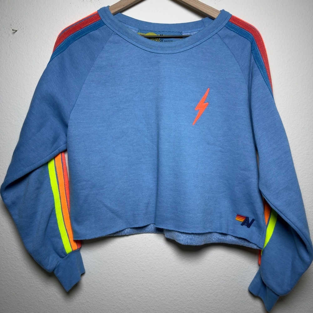Aviator Nation Women Sweatshirt Medium Blue Bolt Cropped Stripe Raglan